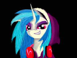 Size: 1600x1200 | Tagged: safe, artist:auroraswirls, dj pon-3, vinyl scratch, pony, unicorn, g4, black background, clothes, female, headphones, hoodie, mare, simple background, smiling, smirk, solo