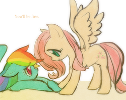 Size: 854x677 | Tagged: safe, artist:3cca, fluttershy, rainbow dash, pegasus, pony, g4, comforting, crying, cute, dashabetes, duo, floppy ears, looking at each other, looking at someone, lying down, pixiv, profile, prone, shyabetes, smiling, spread wings, teary eyes, wings