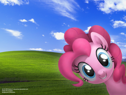 Size: 1600x1200 | Tagged: safe, artist:cinnamel, pinkie pie, g4, bliss xp, female, fourth wall, looking at you, microsoft windows, solo, webcore, windows xp