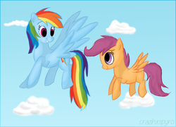 Size: 1072x773 | Tagged: safe, artist:xwreathofroses, rainbow dash, scootaloo, g4, duo