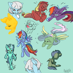 Size: 1000x1000 | Tagged: safe, artist:hajuya, applejack, fluttershy, lyra heartstrings, photo finish, rainbow dash, scootaloo, earth pony, pony, anthro, unguligrade anthro, g4, anthro with ponies