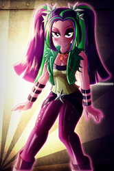 Size: 1989x2988 | Tagged: safe, artist:ruhisu, aria blaze, equestria girls, g4, my little pony equestria girls: rainbow rocks, clothes, female, gem, high res, looking at you, necklace, pants, pendant, pose, siren gem, smiling, solo