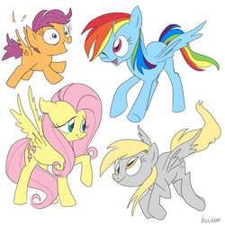 Size: 1000x1000 | Tagged: safe, artist:hajuya, derpy hooves, fluttershy, rainbow dash, scootaloo, pegasus, pony, g4, female, mare, simple background