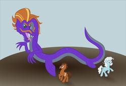 Size: 1148x783 | Tagged: safe, artist:haretrinity, doctor whooves, screw loose, steven magnet, time turner, earth pony, pony, sea serpent, g4, doctor who, female, fins, male, mouth hold, sonic screwdriver, trio
