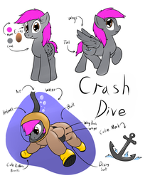 Size: 1024x1255 | Tagged: safe, artist:the-furry-railfan, oc, oc only, oc:crash dive, pegasus, pony, bubble, diving suit, helmet, note, reference sheet, solo, underwater