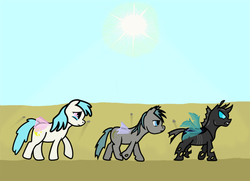 Size: 674x487 | Tagged: safe, artist:rydelfox, changeling, flutter pony, pony, crying, evolution, headcanon, sun, transformation, transformation sequence, walking