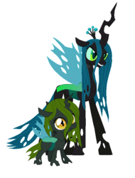 Size: 584x768 | Tagged: safe, artist:unoriginai, queen chrysalis, oc, oc:princess larva, changeling, changeling queen, nymph, g4, changeling queen oc, cute, cuteling, duo, duo female, female, filly, foal, green changeling, mommy chrissy, ocbetes, offspring, parent:queen chrysalis, simple background, story included, white background