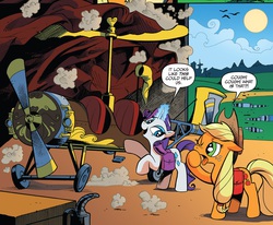 Size: 1988x1640 | Tagged: safe, artist:andypriceart, idw, official comic, applejack, rarity, earth pony, pony, unicorn, g4, spoiler:comicff8, andy you magnificent bastard, autogyro, duo, dust, female, flying contraption, glowing horn, gyro-flyer, helicopter, horn, mare, plane, steampunk, tongue out