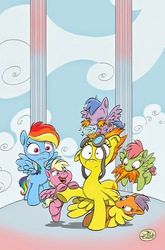 Size: 1055x1600 | Tagged: safe, artist:jay fosgitt, idw, rainbow dash, spitfire, pony, friends forever, g4, spoiler:comic, spoiler:comicff11, biting, floppy ears, flying, foal, frown, gritted teeth, hair pulling, horses doing horse things, messy mane, mouth hold, nom, open mouth, raised hoof, smiling, spread wings, tail bite, tail pull, this will end in tears, unnamed character, unnamed pony, wide eyes
