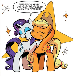 Size: 749x741 | Tagged: safe, idw, official comic, applejack, rarity, earth pony, unicorn, g4, spoiler:comic, spoiler:comicff8, duo, friendshipping, horn, hug, shipping fuel