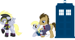 Size: 5661x3000 | Tagged: safe, artist:ruinedomega, derpy hooves, doctor whooves, time turner, earth pony, pegasus, pony, g4, alternate universe, angry, armor, clothes, doctor who, dress, female, group, lying down, male, mare, necktie, ponyscape, scar, self ponidox, simple background, sonic screwdriver, spread wings, stallion, standing, suit, tardis, transparent background, wings