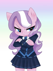 Size: 1952x2592 | Tagged: safe, artist:kikirrikitiki, diamond tiara, earth pony, semi-anthro, g4, clothes, crossed arms, cute, diamond tsundiara, diamondbetes, female, frown, gradient background, missing accessory, school uniform, schoolgirl, simple background, solo, tsundere, white background