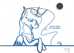 Size: 1000x714 | Tagged: safe, artist:midnightsix3, princess luna, lunadoodle, g4, curved horn, female, horn, moon, solo