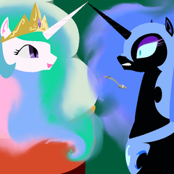 Size: 1000x1000 | Tagged: safe, artist:jun, nightmare moon, princess celestia, g4, pixiv, spoon