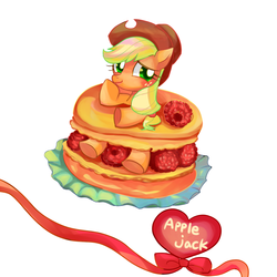 Size: 900x900 | Tagged: safe, artist:fluffffyyyy, applejack, g4, :t, cute, female, floppy ears, food, jackabetes, macaron, pixiv, raspberry (food), smiling, solo