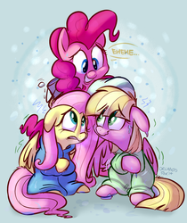 Size: 1024x1218 | Tagged: safe, artist:thedoggygal, fluttershy, meadow flower, pinkie pie, pony, g4, andrea libman, cute, floppy ears, frown, grin, gritted teeth, ice bucket challenge, libman pony, shivering, smiling, towel, voice actor joke, wavy mouth, wet