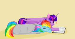 Size: 1024x545 | Tagged: safe, artist:umbreon24, rainbow dash, twilight sparkle, alicorn, pony, g4, female, lesbian, mare, ship:twidash, shipping, sleeping, twilight sparkle (alicorn)