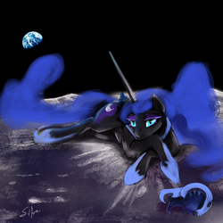 Size: 1280x1280 | Tagged: safe, artist:silfoe, nightmare moon, alicorn, pony, lunadoodle, g4, female, frown, helmet, looking at you, moon, planet, prone, sad, solo