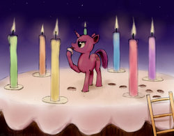 Size: 720x563 | Tagged: safe, artist:el-yeguero, oc, oc only, oc:candlelight gleam, cake, candle, happy birthday, ladder, solo