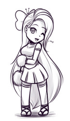 Size: 403x693 | Tagged: safe, artist:scorpdk, fluttershy, human, g4, cheerleader, chibi, clothes, humanized, looking at you, one eye closed, open mouth, skirt, smiling, smiling at you, solo, wink, yay