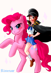 Size: 2149x3035 | Tagged: safe, artist:riinaya, pinkie pie, human, g4, blushing, crossover, high res, humans riding ponies, kill la kill, mako mankanshoku, midriff, napoleon crossing the alps, riding