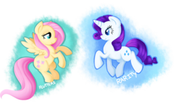 Size: 1000x585 | Tagged: safe, artist:night-wolf122, fluttershy, rarity, g4, flying