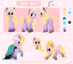 Size: 1024x903 | Tagged: safe, artist:chokico, oc, oc only, oc:cay sia, earth pony, pony, arrow, baby, baby pony, bedroom eyes, bow (weapon), bow and arrow, butt, clothes, dress, female, filly, flower, flower in hair, mare, necklace, plot, raised hoof, reference sheet, smiling, smirk, solo, wink