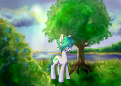 Size: 1024x728 | Tagged: safe, artist:szopwmeloniku, oc, oc only, oc:szafirka, bush, lake, solo, standing, tree