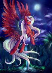 Size: 755x1059 | Tagged: safe, artist:szopwmeloniku, oc, oc only, oc:astaroth, alicorn, pegasus, pony, unicorn, flying, night, palm tree, solo, stars, tree, waterfall