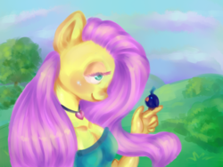 Size: 1024x768 | Tagged: safe, artist:szopwmeloniku, fluttershy, bird, anthro, g4, breasts, bush, busty fluttershy, cleavage, clothes, female, necklace