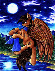 Size: 785x1018 | Tagged: safe, artist:szopwmeloniku, oc, oc only, oc:moonstar, pegasus, pony, flying, forest, lake, mountain, night, solo, stars, water
