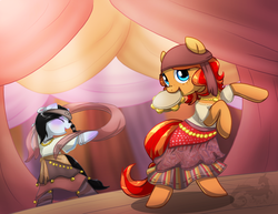 Size: 900x695 | Tagged: safe, artist:aylastardragon, oc, oc only, oc:peanut bucker, pony, bipedal, clothes, dancing, romani