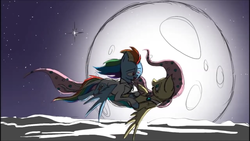 Size: 1920x1080 | Tagged: safe, artist:ink potts, fluttershy, rainbow dash, the count of monte rainbow, g4, backlighting, clothes, dress, edmond dantes, female, flower in hair, fluttercedes, flying, full moon, i will be there, lesbian, mercedes, moon, night, pmv, rainbow dantes, ship:flutterdash, shipping, shycedes, stars, suit, the count of monte cristo, youtube link