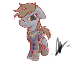Size: 1024x1024 | Tagged: safe, artist:derpynate, oc, oc only, oc:littlepip, pony, unicorn, fallout equestria, clothes, fanfic, fanfic art, female, floppy ears, hooves, horn, jumpsuit, mare, pipbuck, simple background, solo, vault suit, white background