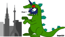 Size: 1833x1052 | Tagged: safe, artist:roger334, princess luna, g4, attack, city, crossover, dialogue, female, japan, parody, reptar, rugrats, simple background, solo, tokyo, transparent background, vector