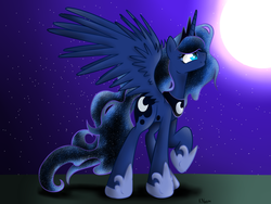 Size: 1600x1200 | Tagged: safe, artist:prostoruschel, princess luna, g4, female, moon, night, raised hoof, solo, spread wings, stars