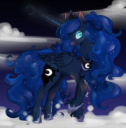 Size: 1000x1013 | Tagged: safe, artist:thegearheadpony, princess luna, g4, female, moon, night, raised hoof, solo, unshorn fetlocks