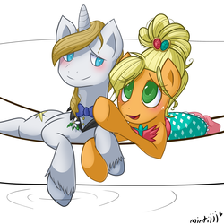 Size: 3000x3000 | Tagged: safe, artist:mimtii, applejack, prince blueblood, g4, applejewel, blushing, clothes, cute, dress, female, high res, looking up, male, pointing, prone, ship:bluejack, shipping, straight, water