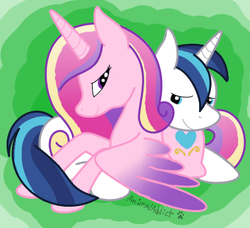 Size: 378x344 | Tagged: safe, artist:animaladdict31, princess cadance, shining armor, g4, cuddling, prone, smiling, snuggling