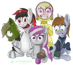 Size: 1024x915 | Tagged: dead source, safe, artist:allyster-black, oc, oc only, oc:blackjack, oc:hired gun, oc:littlepip, oc:murky, oc:puppysmiles, cyborg, earth pony, pony, unicorn, fallout equestria, fallout equestria: heroes, fallout equestria: murky number seven, fallout equestria: pink eyes, fallout equestria: project horizons, amputee, blushing, clothes, cybernetic legs, fallout, fanfic, fanfic art, female, filly, foal, group, hazmat suit, hooves, horn, jumpsuit, male, mare, open mouth, pipbuck, simple background, smiling, stallion, transparent background, vault suit