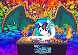 Size: 1164x818 | Tagged: safe, dj pon-3, vinyl scratch, charizard, g4, clusterfuck, drop the bass, fire, jesse nowack, jontron thread, photoshop, pokémon, pokémon the bridged series, voice actor joke