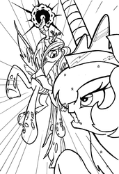 Size: 600x877 | Tagged: safe, artist:yewdee, princess celestia, queen chrysalis, alicorn, changeling, changeling queen, g4, angry, fight, gritted teeth, lineart, magic, monochrome, snorting, traditional art