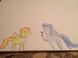 Size: 600x448 | Tagged: safe, artist:vazquezg19, soarin', spitfire, g4, female, flower, male, pointy ponies, ship:soarinfire, shipping, straight, traditional art