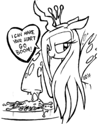 Size: 250x311 | Tagged: safe, artist:yewdee, queen chrysalis, g4, female, heart, looking at you, messy, monochrome, sketch, solo