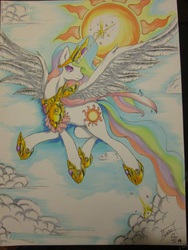 Size: 3177x4233 | Tagged: safe, artist:aerolp, princess celestia, g4, armor, female, flying, glowing horn, horn, magic, solo, spread wings, sun, traditional art