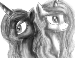 Size: 900x700 | Tagged: safe, artist:notaguitarfret, princess celestia, princess luna, g4, back to back, grayscale, monochrome, simple background, sketch