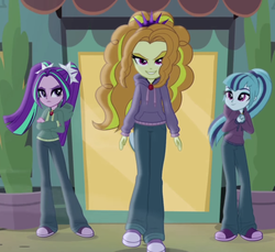 Size: 787x720 | Tagged: safe, screencap, adagio dazzle, aria blaze, sonata dusk, equestria girls, g4, my little pony equestria girls: rainbow rocks, clothes, diner, gem, hoodie, jeans, jewelry, looking at you, necklace, pants, shoes, siren gem, sneakers, the dazzlings
