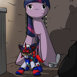 Size: 1024x1024 | Tagged: safe, artist:chaikeon, twilight sparkle, g4, alley, chibi, custom robo, mecha, night, ray 01