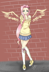 Size: 841x1229 | Tagged: safe, artist:ilovenatsu, fluttershy, human, g4, clothes, female, humanized, skinny, skirt, solo, sweater, sweatershy, thin