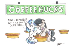 Size: 2016x1363 | Tagged: safe, artist:bobthedalek, dj pon-3, octavia melody, vinyl scratch, earth pony, pony, unicorn, g4, backwards cutie mark, boop, caffeine, coffee, duo, eye contact, female, frown, grin, hyperactive, hypertavia, nose wrinkle, noseboop, smiling, starbucks, unamused, vinyl scratch is not amused, wide eyes